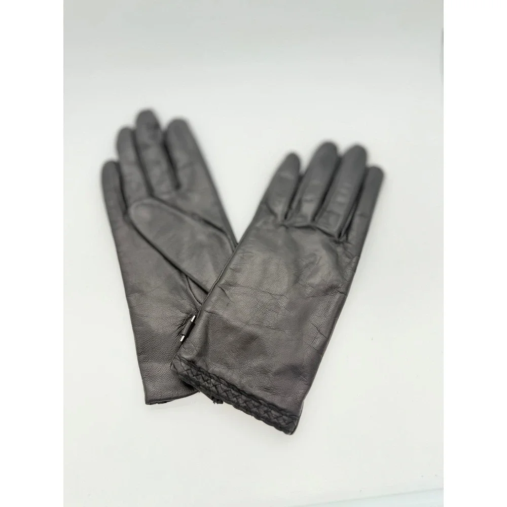 Nine‎ & Company Black Genuine Leather Gloves Braided Trim Metal szLarge Vintage